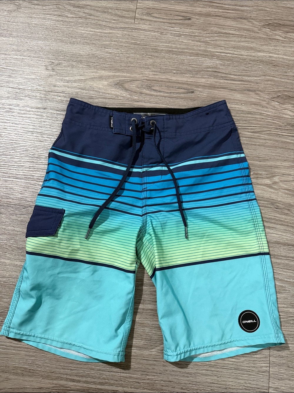 O'Neill Boys Navy, Teal & Aqua Striped Swim Board Shorts